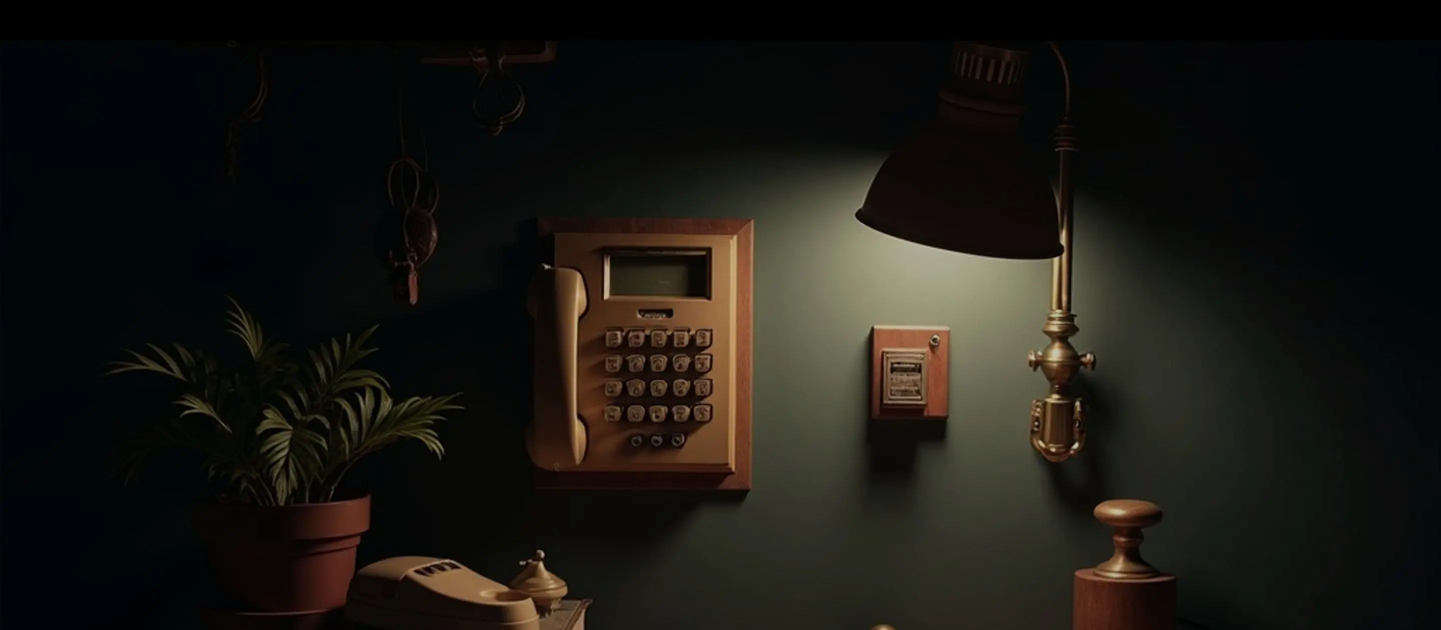 A tidy wall of desk tools — handset, bell, stamp, drawers — edge-lit by a single warm lamp