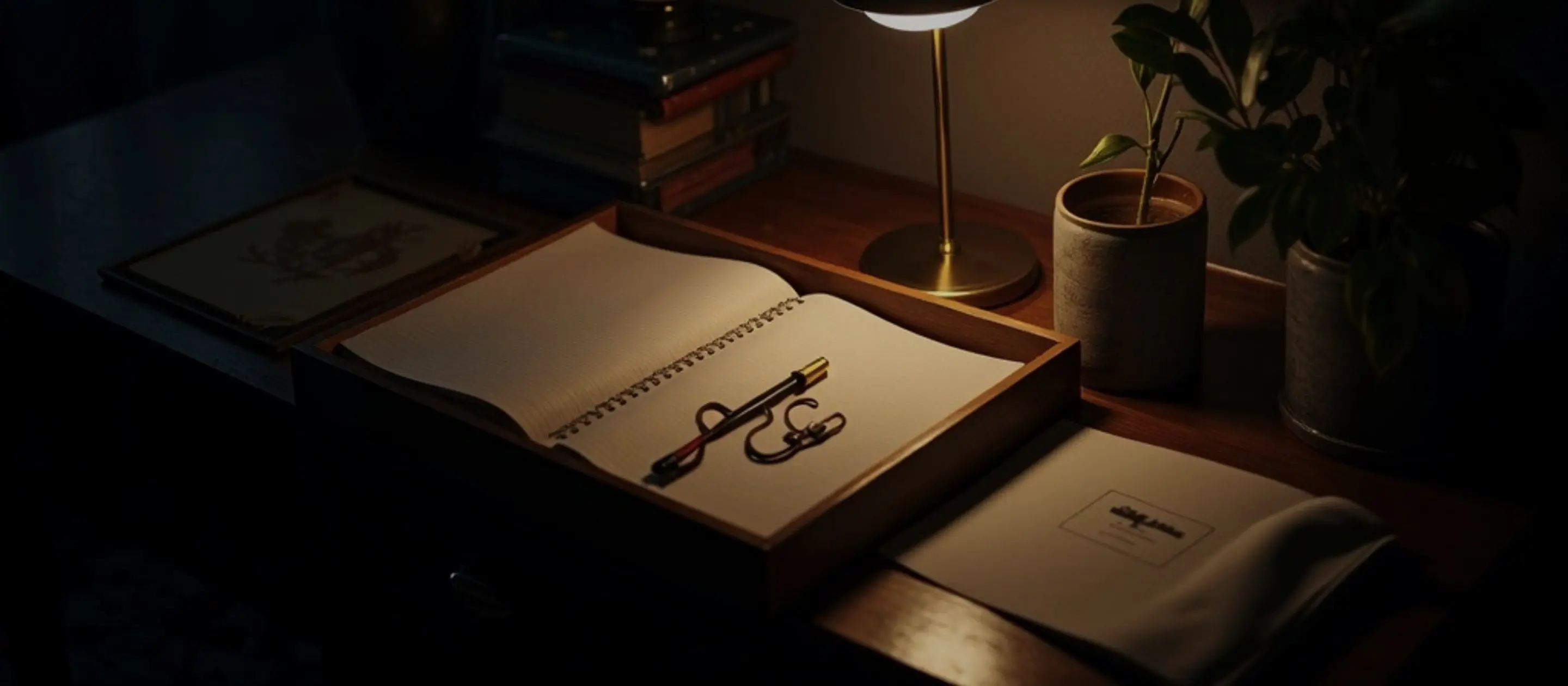 An open wooden drawer of neatly coiled cords and brass connectors, lit by a warm lamp